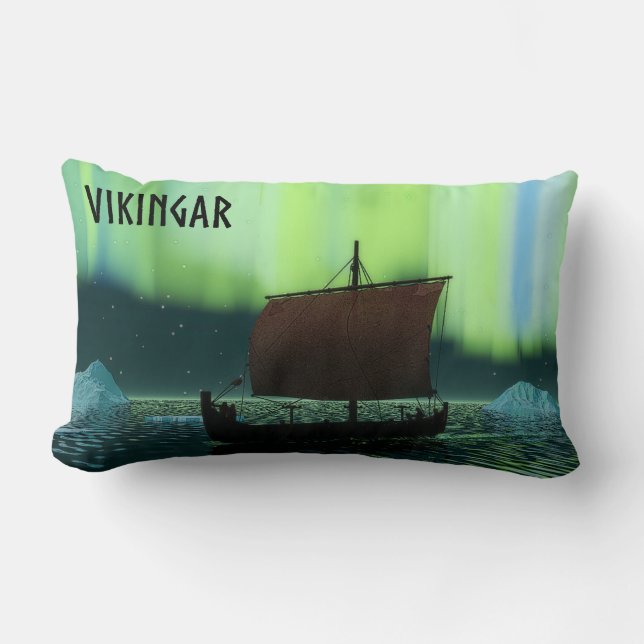 Viking Ship And Northern Lights Lumbar Pillow (Front)