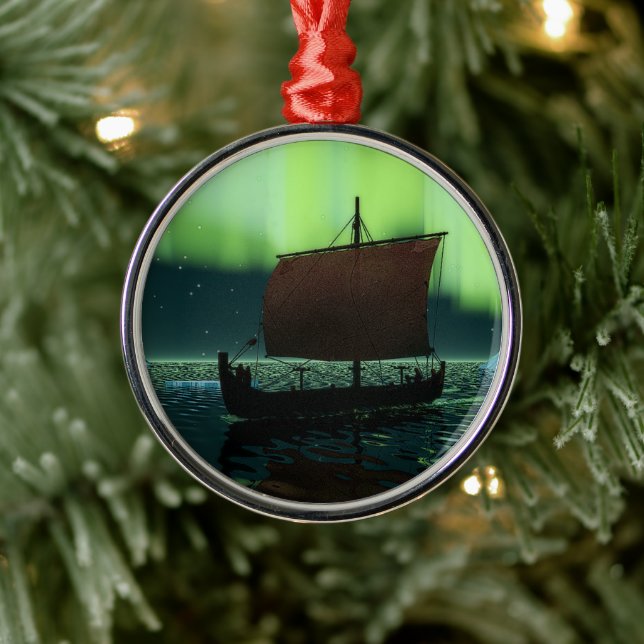 Viking Ship And Northern Lights Metal Ornament (Tree)