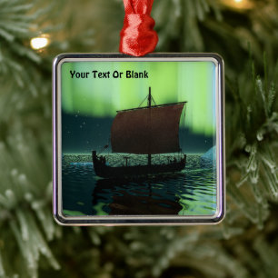 Viking Ship And Northern Lights Metal Ornament