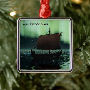 Viking Ship And Northern Lights Metal Ornament
