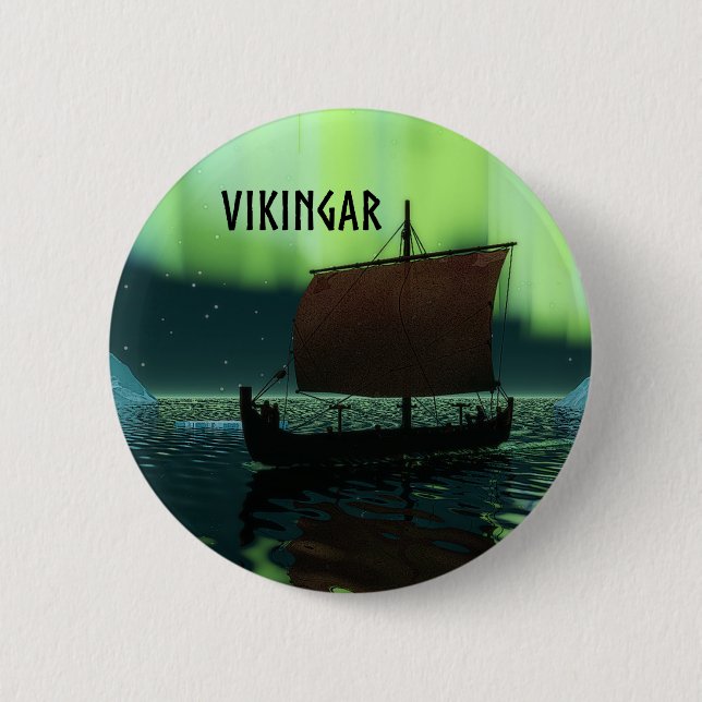 Viking Ship And Northern Lights Pinback Button (Front)