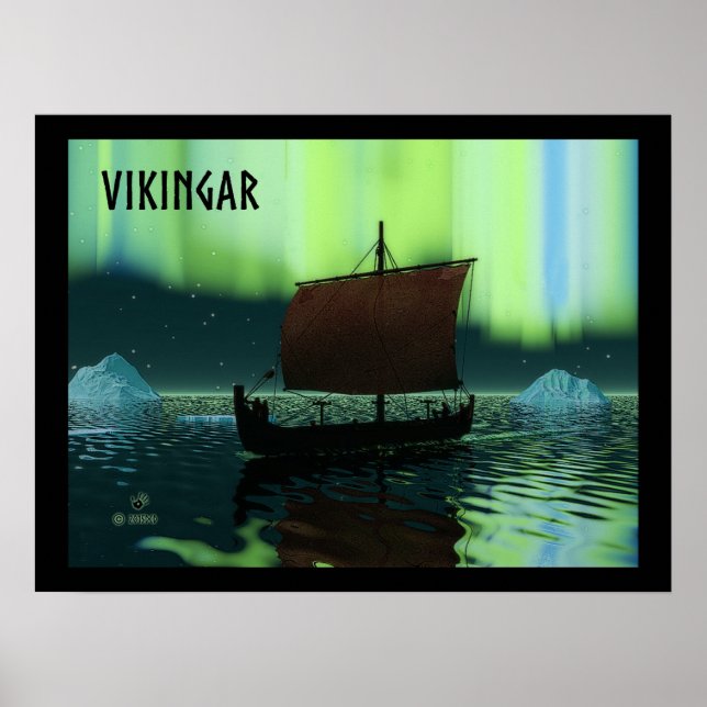 Viking Ship And Northern Lights Poster (Front)