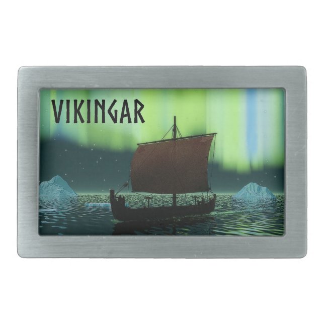 Viking Ship And Northern Lights Rectangular Belt Buckle (Front)
