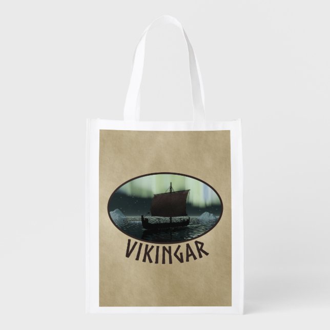 Viking Ship And Northern Lights Reusable Grocery Bag (Front)