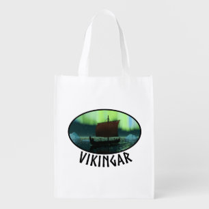 Viking Ship And Northern Lights Reusable Grocery Bag