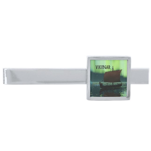 Viking Ship And Northern Lights Silver Finish Tie Clip (Front)