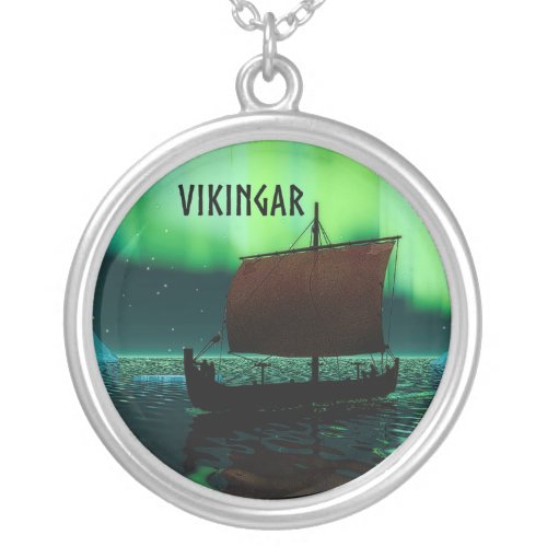 Viking Ship And Northern Lights Silver Plated Necklace