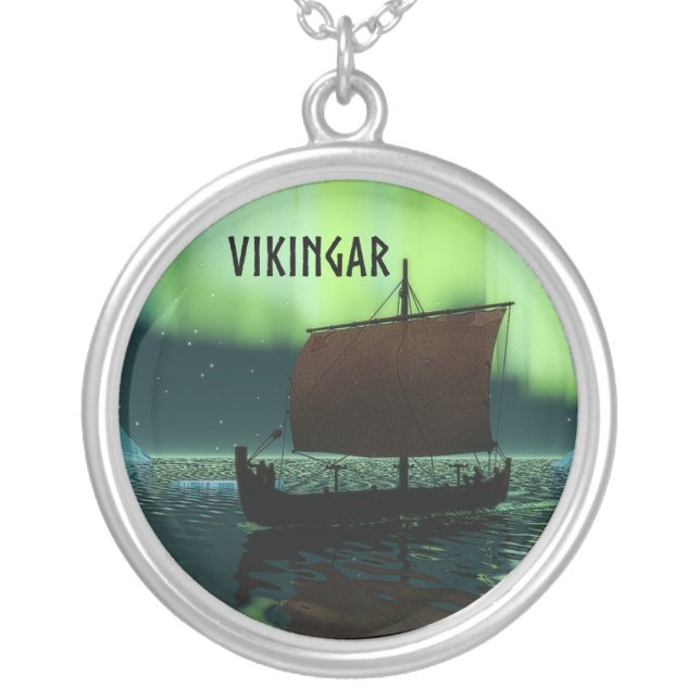 Viking Ship And Northern Lights Silver Plated Necklace (Front)