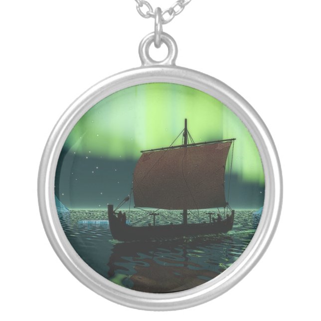 Viking Ship And Northern Lights Silver Plated Necklace (Front)