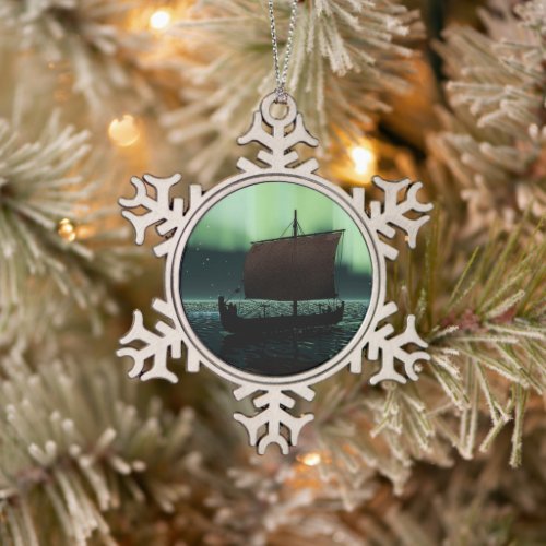 Viking Ship And Northern Lights Snowflake Pewter Christmas Ornament