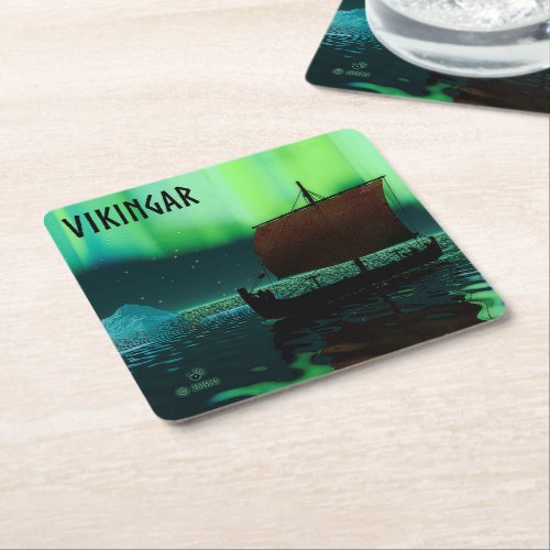 Viking Ship And Northern Lights Square Paper Coaster