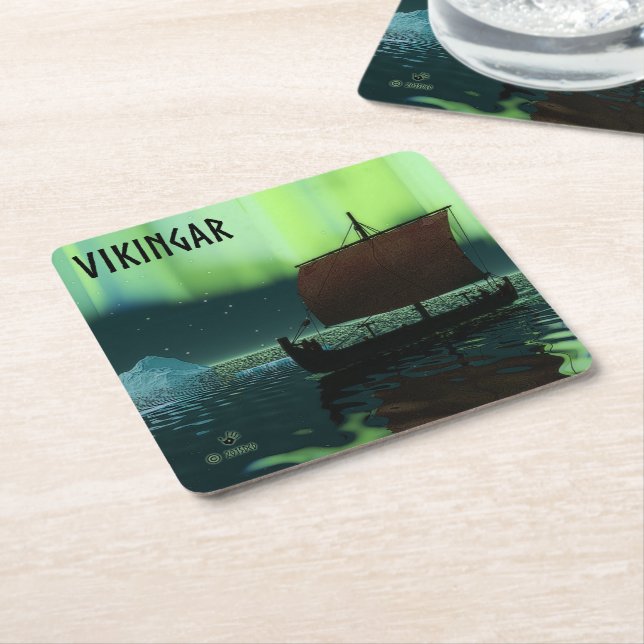 Viking Ship And Northern Lights Square Paper Coaster (Angled)
