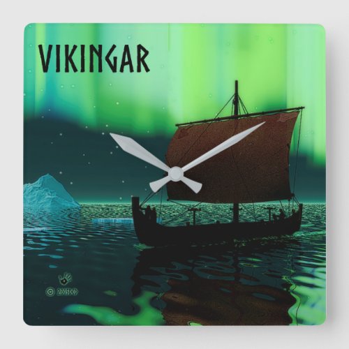 Viking Ship And Northern Lights Square Wall Clock