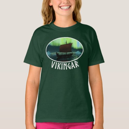 Viking Ship And Northern Lights T_Shirt