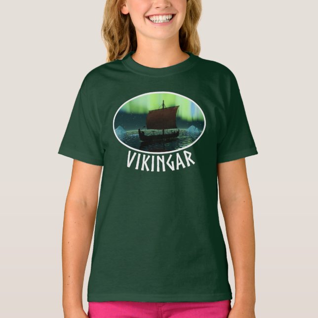 Viking Ship And Northern Lights T-Shirt (Front)