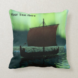 Viking Ship And Northern Lights Throw Pillow