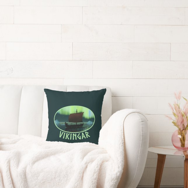 Viking Ship And Northern Lights Throw Pillow (Couch)