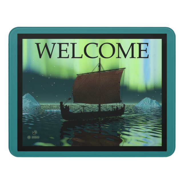 Viking Ship And Northern Lights - Welcome Door Sign (Contemporary Front)