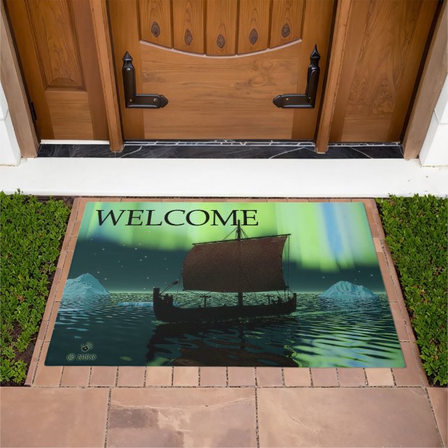 Viking Ship And Northern Lights - Welcome Doormat (Outdoor)