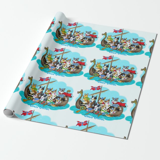 Viking ship filled with Corgis Wrapping Paper (Unrolled)