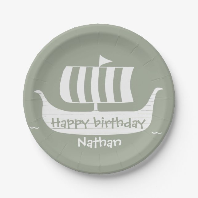 Viking ship/longboat with custom background color paper plates (Front)