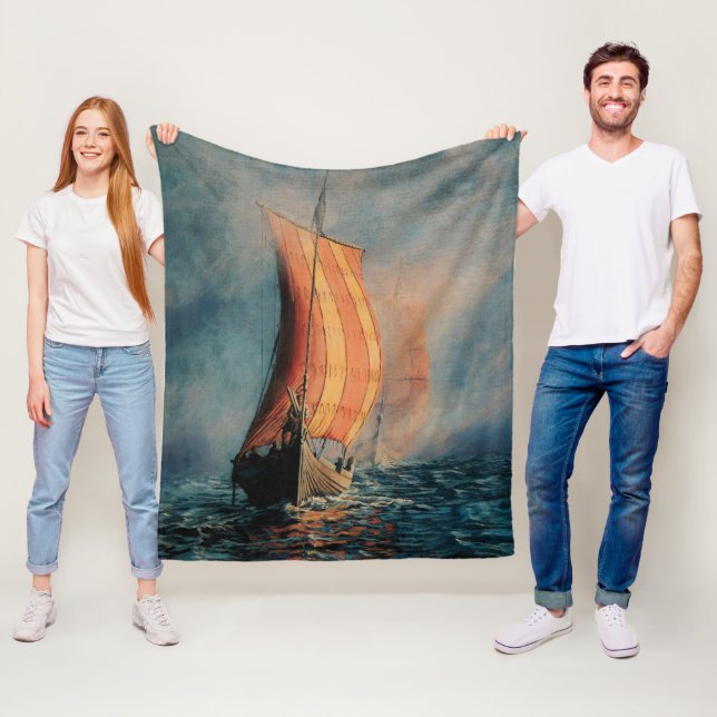 Viking ship sailing on Sea/Ocean in fog -cartooned Fleece Blanket (In Situ)