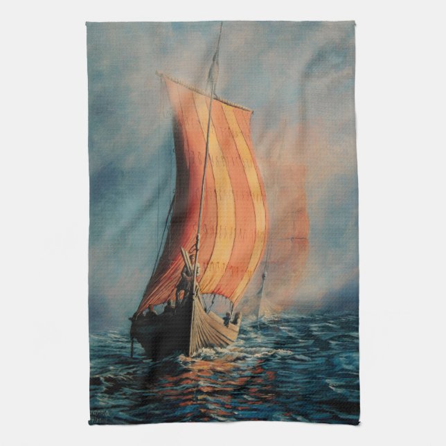 Viking ship sailing on Sea/Ocean in fog, long boat Kitchen Towel (Vertical)