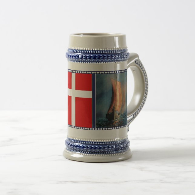 Viking ship sailing, Sea fog, Denmark flag Beer Stein (Front Right)