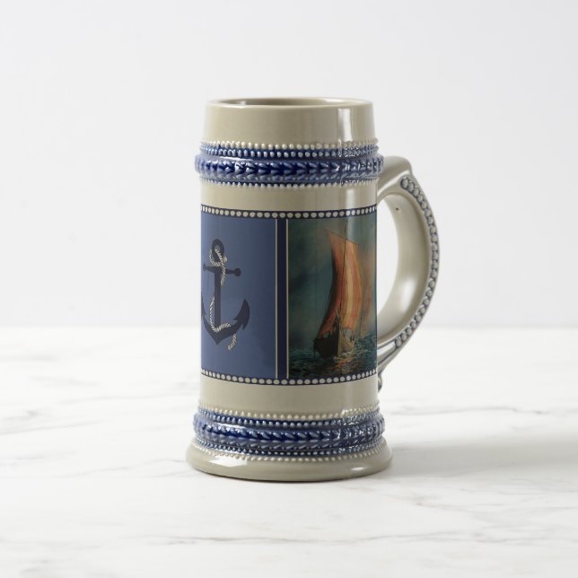 Viking ship sailing, Sea fog, Seaman's anchor Beer Stein (Front Right)