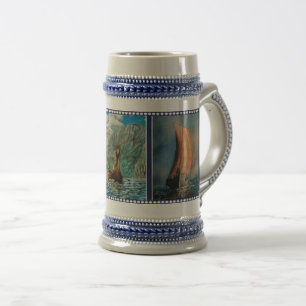 Viking ship sailing, Sea fog, Viking men fishing Beer Stein