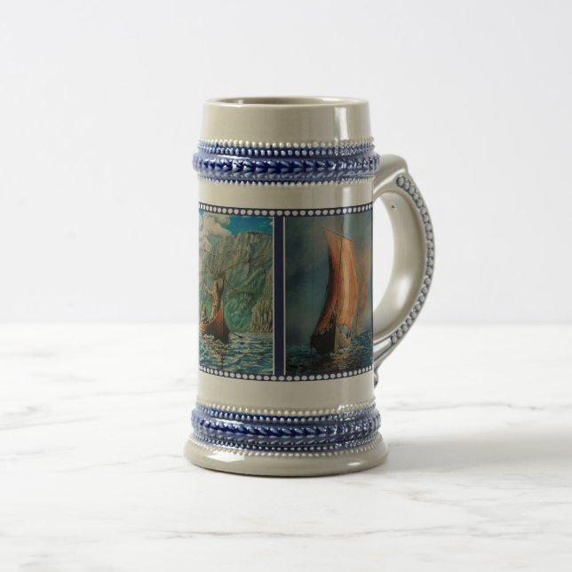 Viking ship sailing, Sea fog, Viking men fishing Beer Stein (Front Right)