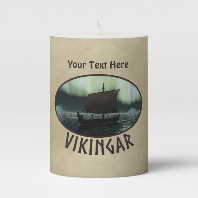 Viking Ship Under Norther Lights Pillar Candle (Front)