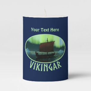 Viking Ship Under Norther Lights Pillar Candle