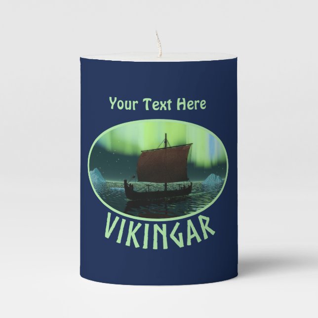 Viking Ship Under Norther Lights Pillar Candle (Front)
