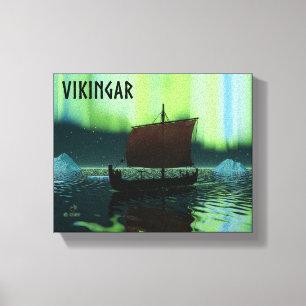 Viking Ship Under Northern Lights Canvas Print