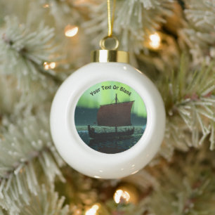 Viking Ship Under Northern Lights Ceramic Ball Christmas Ornament