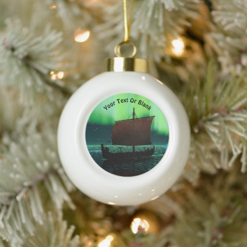 Viking Ship Under Northern Lights Ceramic Ball Christmas Ornament