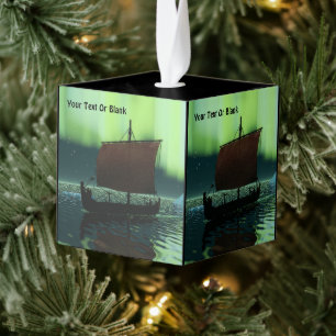 Viking Ship Under Northern Lights Cube Ornament