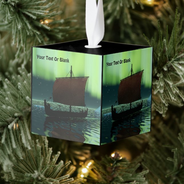 Viking Ship Under Northern Lights Cube Ornament (Tree)