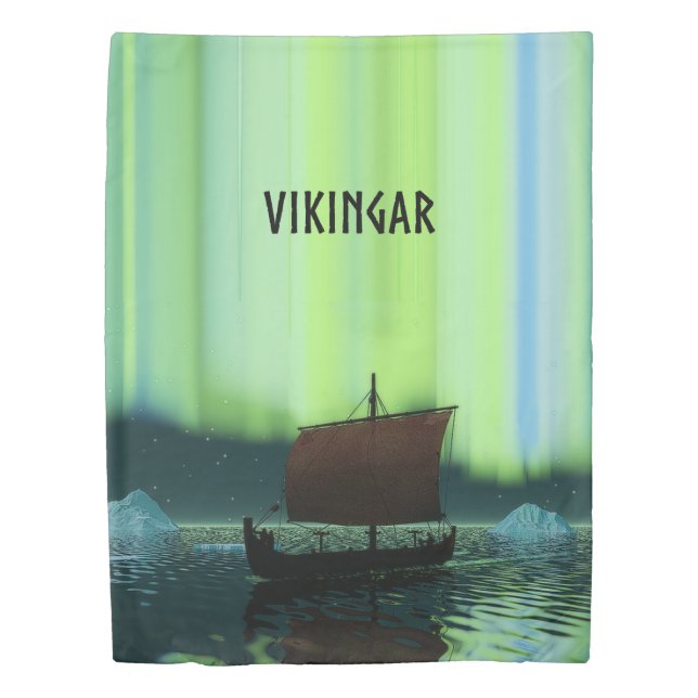 Viking Ship Under Northern Lights Duvet Cover (Front)