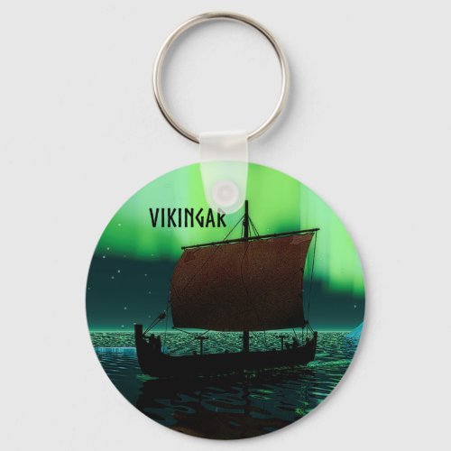 Viking Ship Under Northern Lights Keychain