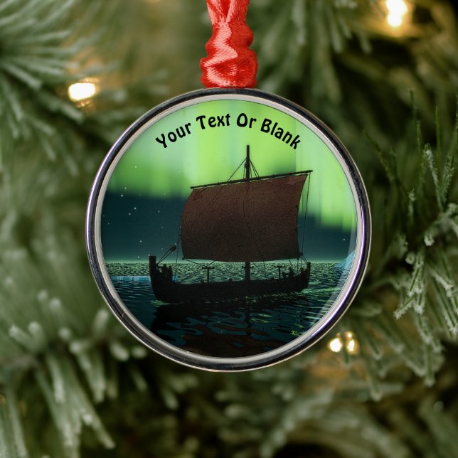 Viking Ship Under Northern Lights Metal Ornament (Tree)
