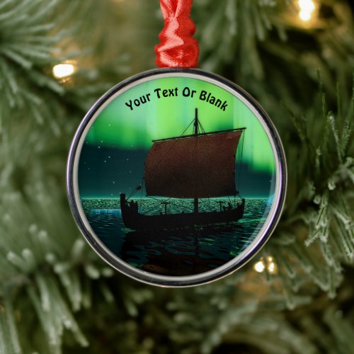 Viking Ship Under Northern Lights Metal Ornament