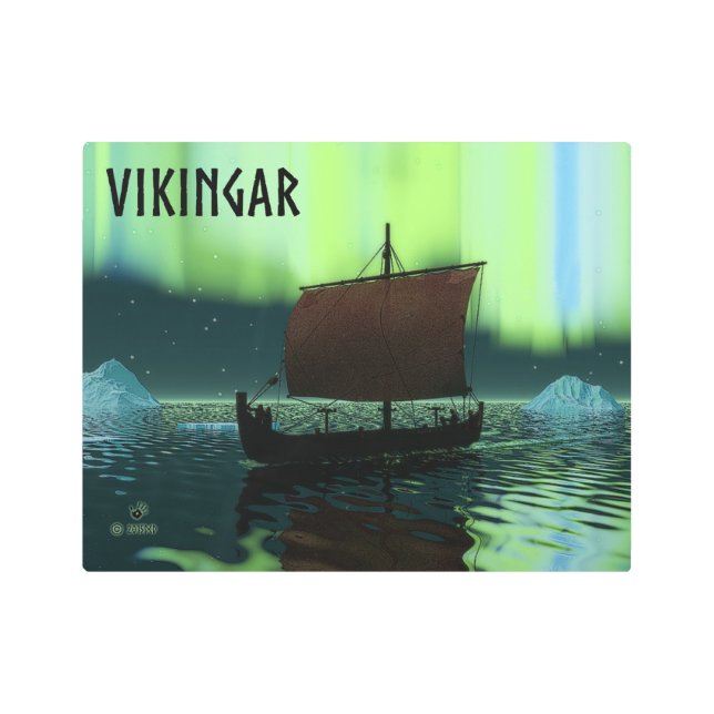 Viking Ship Under Northern Lights Metal Print (Front)