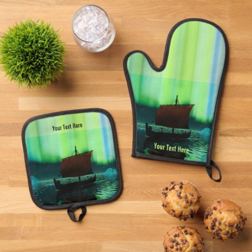 Viking Ship Under Northern Lights Oven Mitt  Pot Holder Set