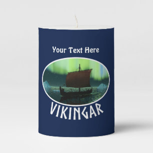 Viking Ship Under Northern Lights Pillar Candle