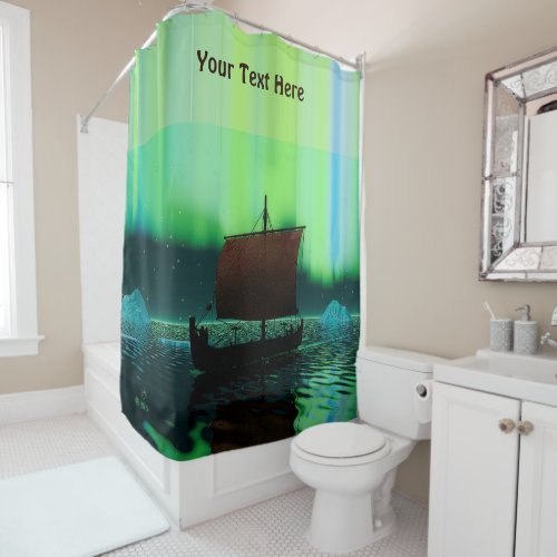 Viking Ship Under Northern Lights Shower Curtain