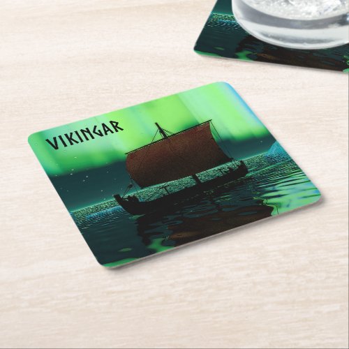 Viking Ship Under Northern Lights Square Paper Coaster