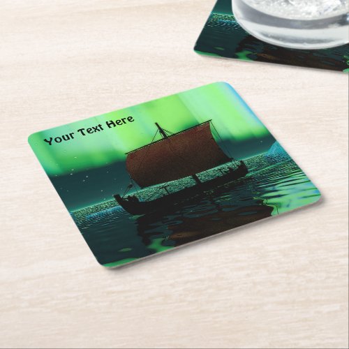 Viking Ship Under Northern Lights Square Paper Coaster