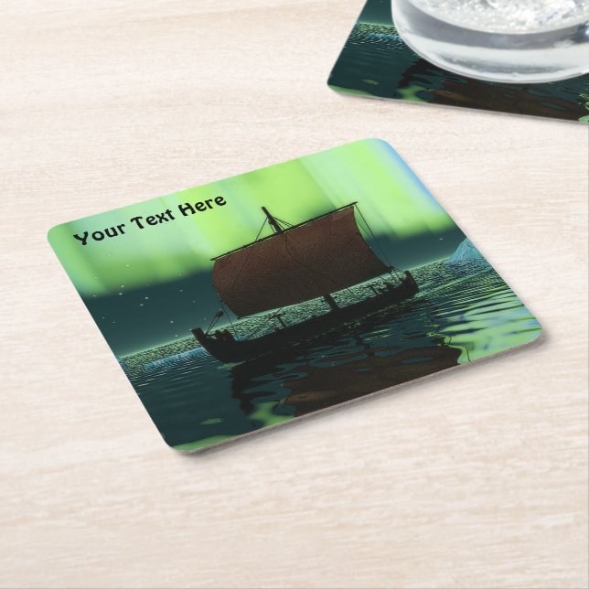 Viking Ship Under Northern Lights Square Paper Coaster (Angled)